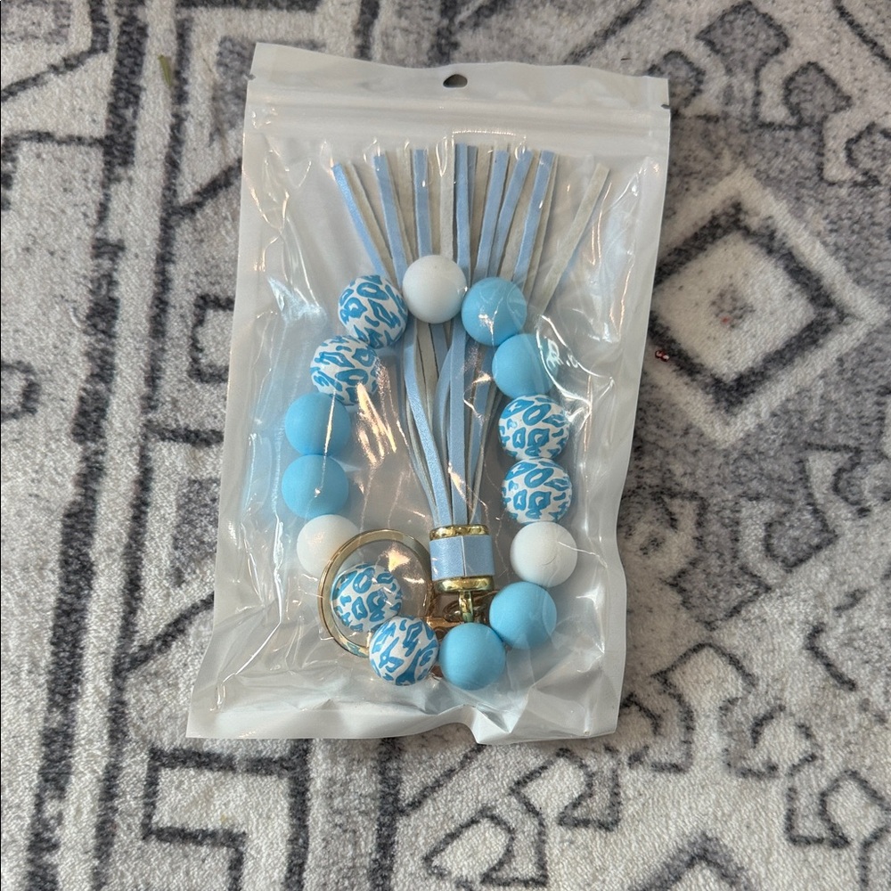 Blue and White Beaded Keychain